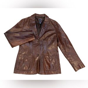 Women’s VTG GAP 100% Leather Chocolate Brown Pocket Blazer Y2K Jacket Small